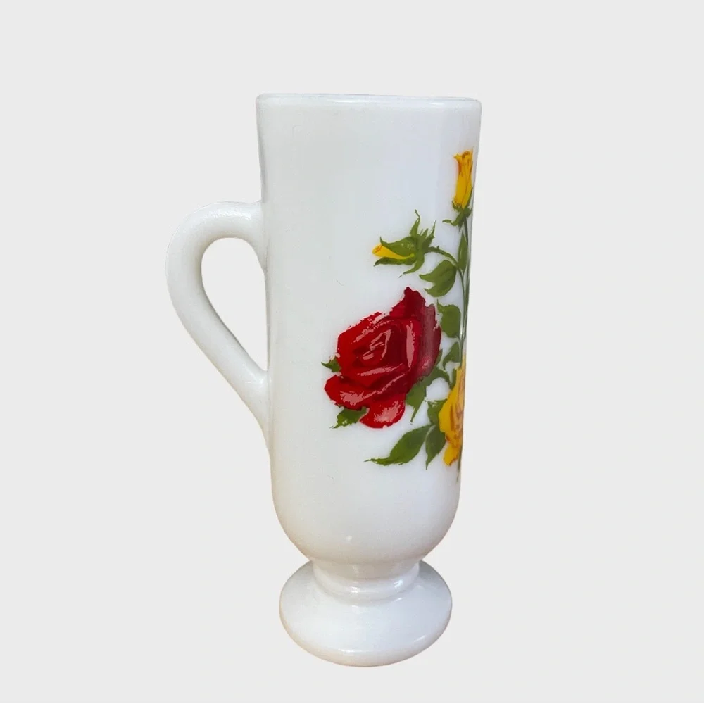 Vintage AVON Red & Yellow Roses White Milk Glass Handled Pedestal Bud Vase